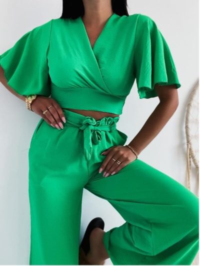 zelený komplet široké nohavice top